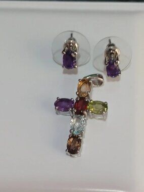 Multi Gemstone Cross Pendant and Solitaire Stud Earrings in Stainless Steel 4.13